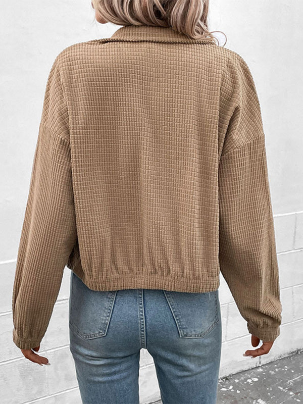 Crop Jackets- Corduroy Waffle Texture, Zip/Button Jacket- - Pekosa Women Clothing