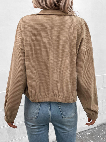 Crop Jackets- Corduroy Waffle Texture, Zip/Button Jacket- - Pekosa Women Clothing