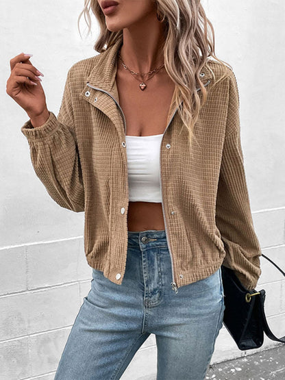 Crop Jackets- Corduroy Waffle Texture, Zip/Button Jacket- Brown- Pekosa Women Clothing