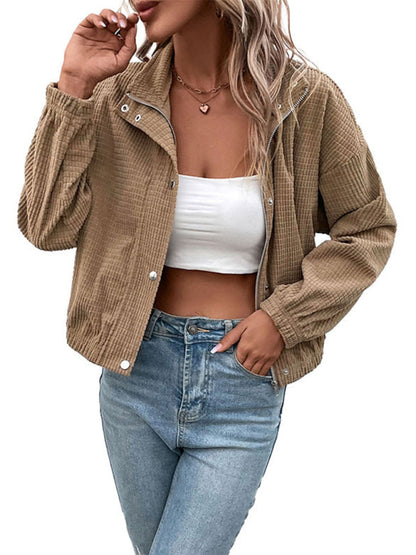 Crop Jackets- Corduroy Waffle Texture, Zip/Button Jacket- - Pekosa Women Clothing
