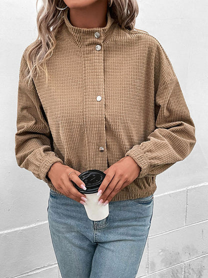 Crop Jackets- Corduroy Waffle Texture, Zip/Button Jacket- - Pekosa Women Clothing