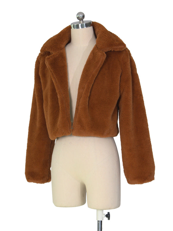 Crop Jackets- Cozy Open Front Crop Plush Jacket for Every Event- - Pekosa Women Clothing