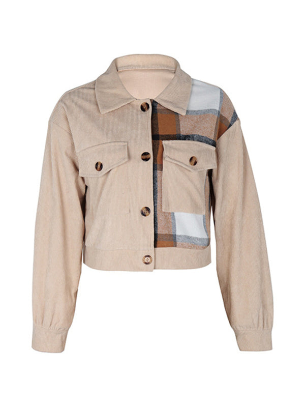 Crop Jackets- Cozy in Corduroy: Tan Plaid Crop Collar Jacket- - Pekosa Women Clothing