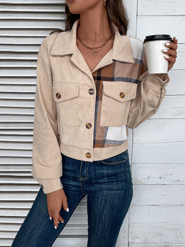 Crop Jackets- Cozy in Corduroy: Tan Plaid Crop Collar Jacket- - Pekosa Women Clothing