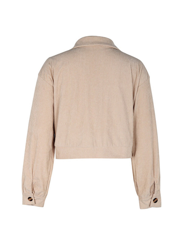 Crop Jackets- Cozy in Corduroy: Tan Plaid Crop Collar Jacket- - Pekosa Women Clothing