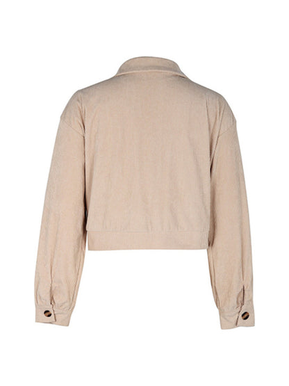 Crop Jackets- Cozy in Corduroy: Tan Plaid Crop Collar Jacket- - Pekosa Women Clothing