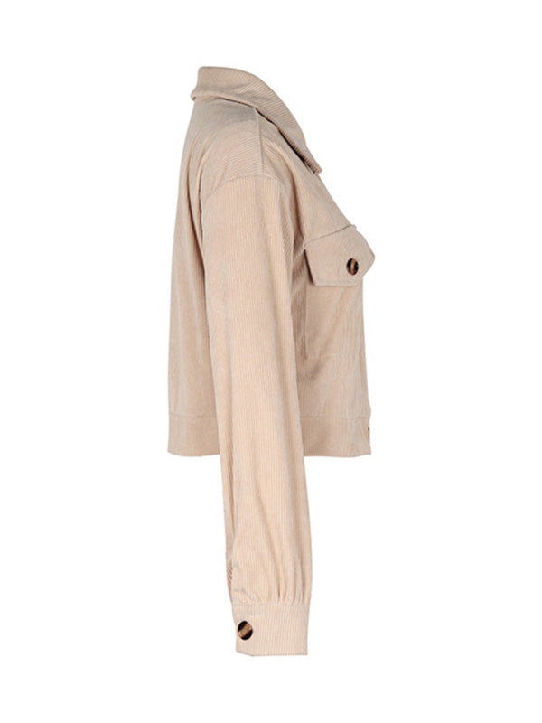 Crop Jackets- Cozy in Corduroy: Tan Plaid Crop Collar Jacket- - Pekosa Women Clothing