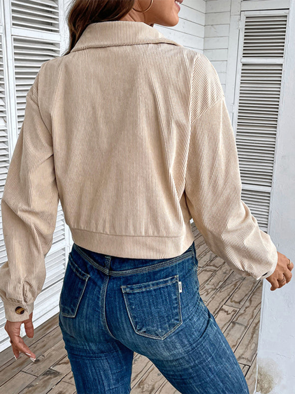 Crop Jackets- Cozy in Corduroy: Tan Plaid Crop Collar Jacket- - Pekosa Women Clothing