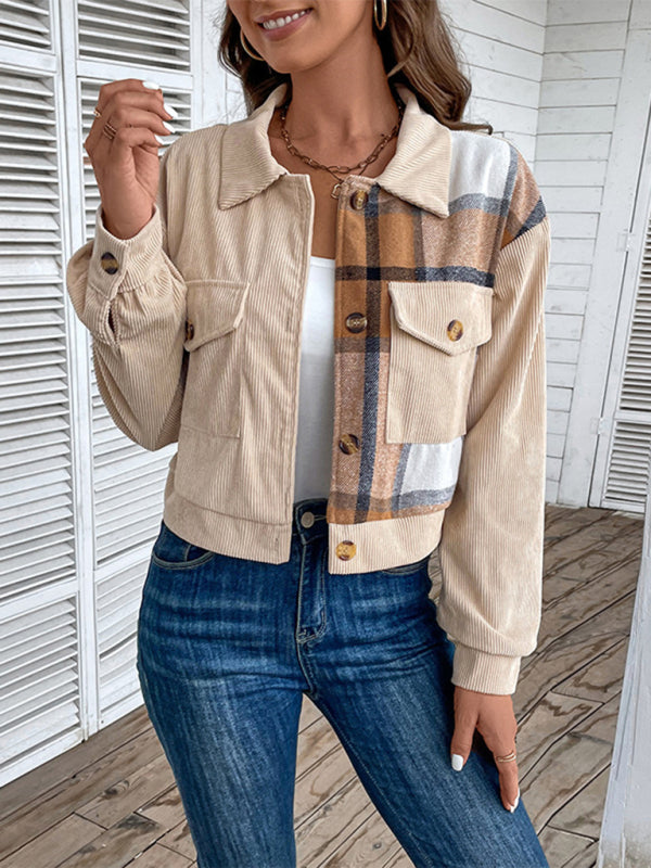 Crop Jackets- Cozy in Corduroy: Tan Plaid Crop Collar Jacket- - Pekosa Women Clothing