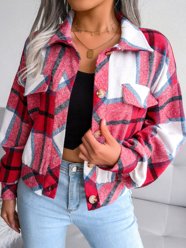 Crop Jackets- Plush Thick Flannel Plaid Jacket- - Pekosa Women Clothing
