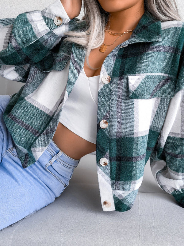 Crop Jackets- Plush Thick Flannel Plaid Jacket- - Pekosa Women Clothing
