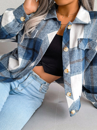 Crop Jackets- Plush Thick Flannel Plaid Jacket- - Pekosa Women Clothing