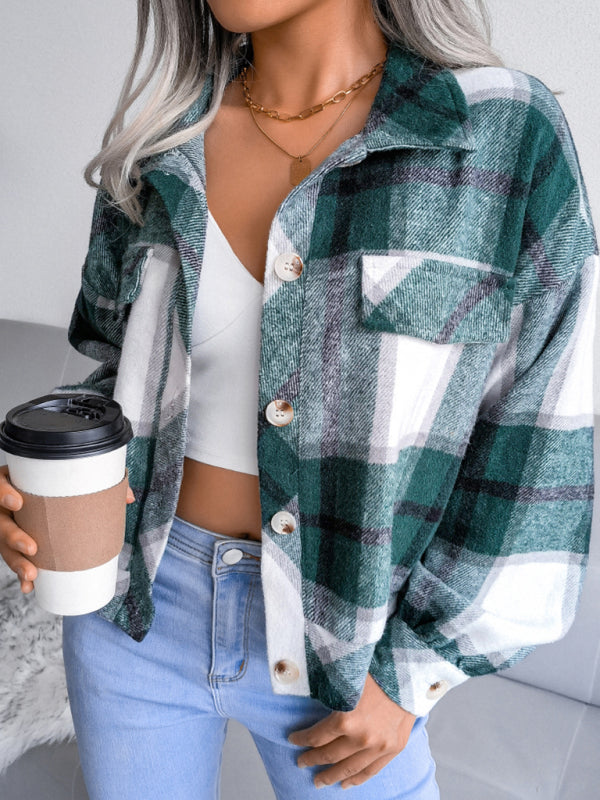 Crop Jackets- Plush Thick Flannel Plaid Jacket- - Pekosa Women Clothing
