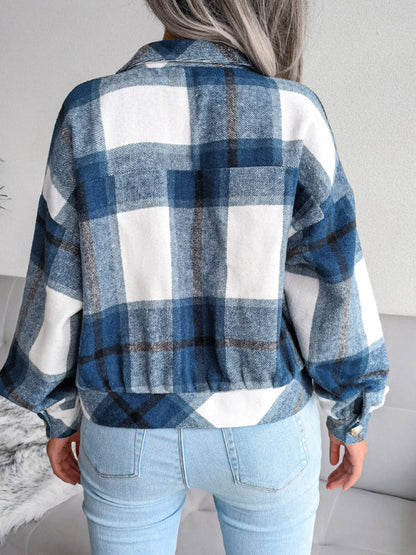Crop Jackets- Plush Thick Flannel Plaid Jacket- - Pekosa Women Clothing