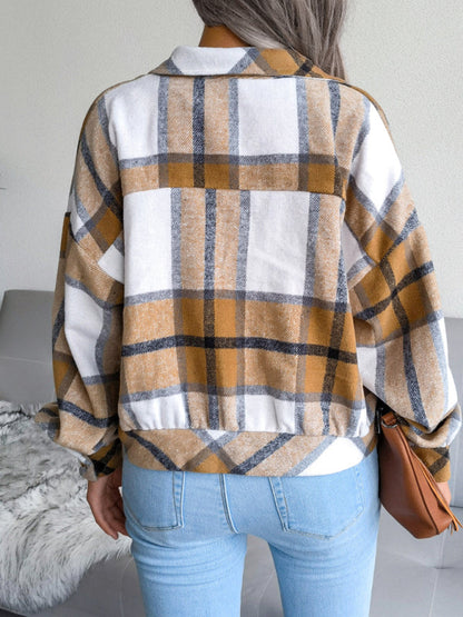 Crop Jackets- Plush Thick Flannel Plaid Jacket- - Pekosa Women Clothing