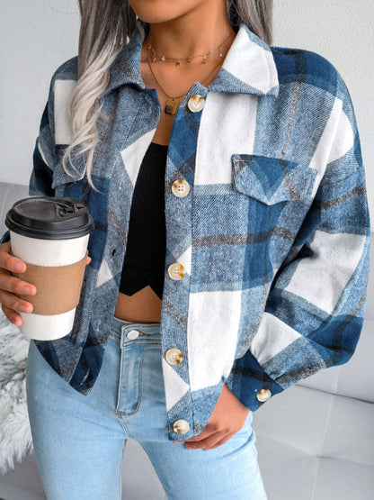 Crop Jackets- Plush Thick Flannel Plaid Jacket- Sapphire blue- Pekosa Women Clothing