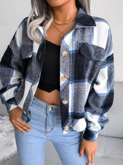 Crop Jackets- Plush Thick Flannel Plaid Jacket- Navy blue- Pekosa Women Clothing