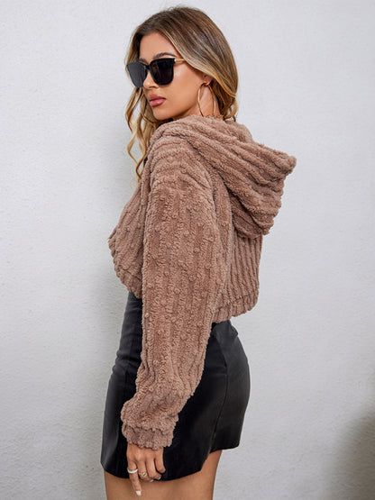 Crop Jackets- Teddy Bear Faux Fur Zip-Up Plush Hoodie | Crop Jacket- - Pekosa Women Clothing