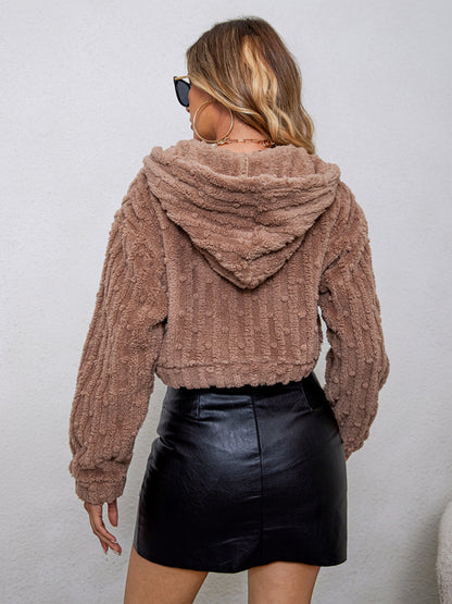 Crop Jackets- Teddy Bear Faux Fur Zip-Up Plush Hoodie | Crop Jacket- - Pekosa Women Clothing