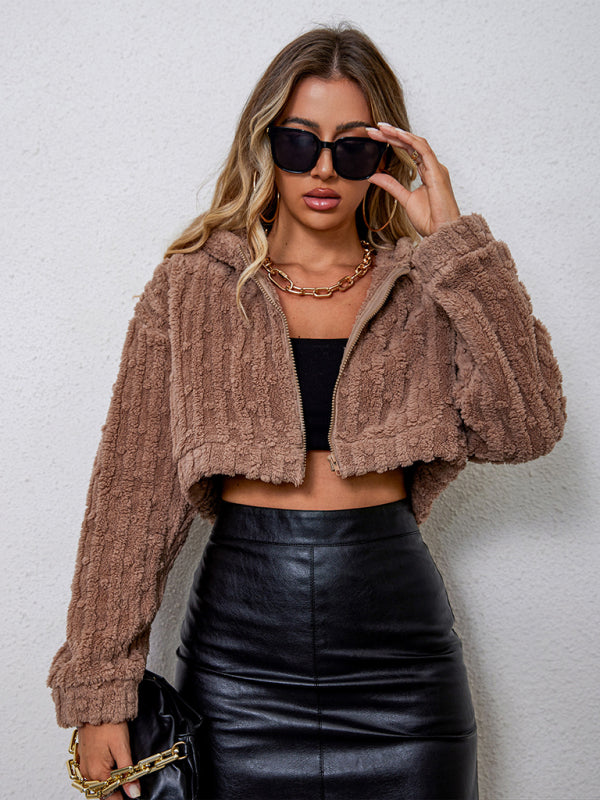 Crop Jackets- Teddy Bear Faux Fur Zip-Up Plush Hoodie | Crop Jacket- - Pekosa Women Clothing