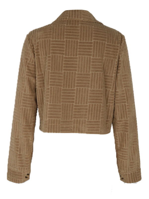 Crop Jackets- Texture Fiesta: Corduroy Crop Jacket for Fall- - Pekosa Women Clothing