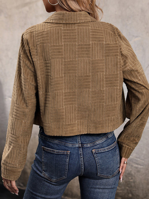 Crop Jackets- Texture Fiesta: Corduroy Crop Jacket for Fall- - Pekosa Women Clothing