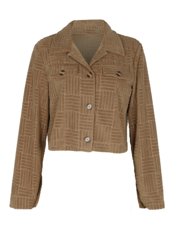 Crop Jackets- Texture Fiesta: Corduroy Crop Jacket for Fall- - Pekosa Women Clothing