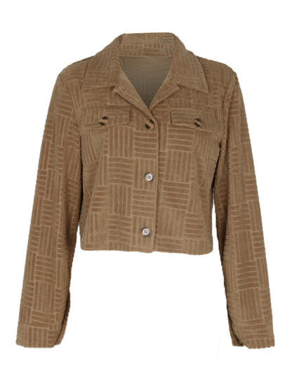 Crop Jackets- Texture Fiesta: Corduroy Crop Jacket for Fall- - Pekosa Women Clothing