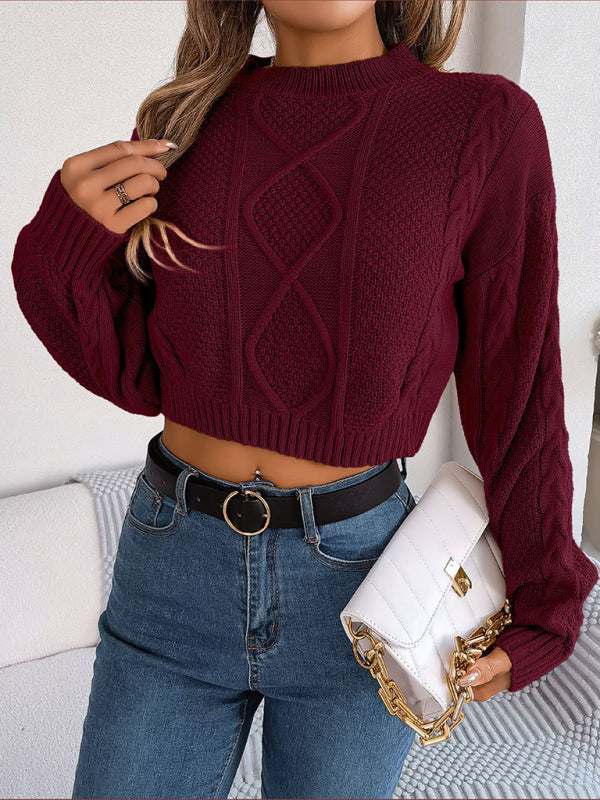 Crop Sweaters- Cable Knitted Ribbed Neck Crop Sweater- - Pekosa Women Clothing