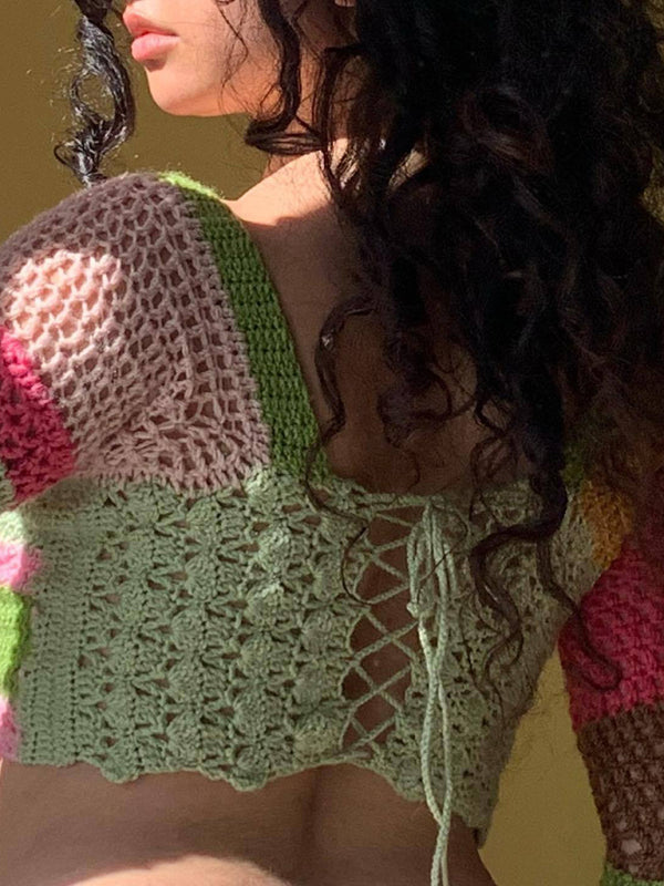 Crop Sweaters- Crocket Colorful Lace-Up Back Square Neck Bell Sleeve Crop Sweater- - Pekosa Women Clothing