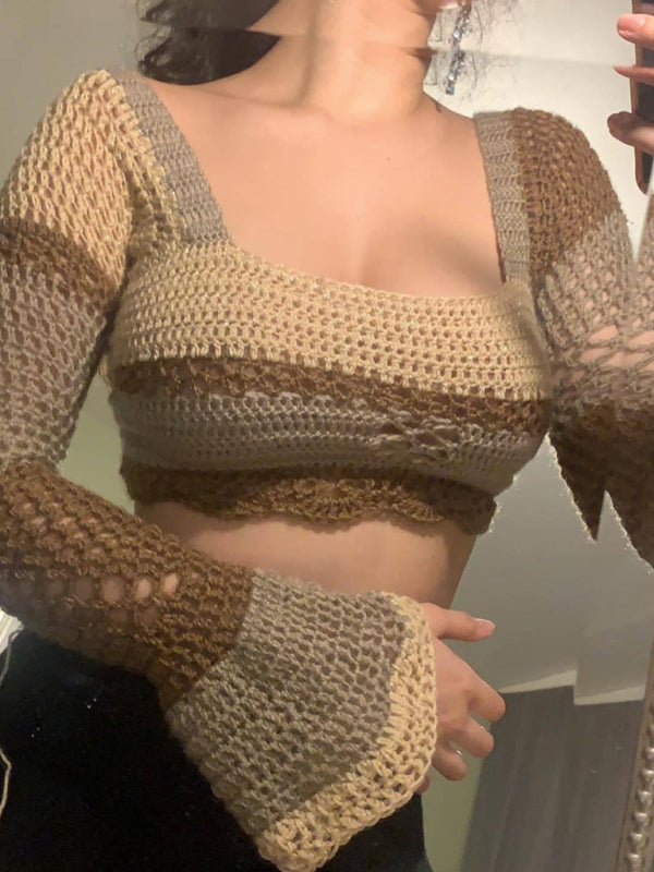 Crop Sweaters- Crocket Colorful Lace-Up Back Square Neck Bell Sleeve Crop Sweater- Khaki- Pekosa Women Clothing