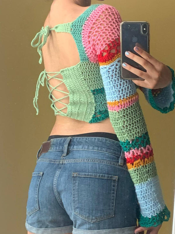 Crop Sweaters- Crocket Colorful Lace-Up Back Square Neck Bell Sleeve Crop Sweater- - Pekosa Women Clothing