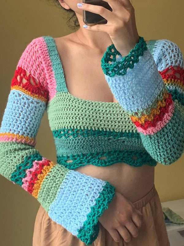 Crop Sweaters- Crocket Colorful Lace-Up Back Square Neck Bell Sleeve Crop Sweater- - Pekosa Women Clothing