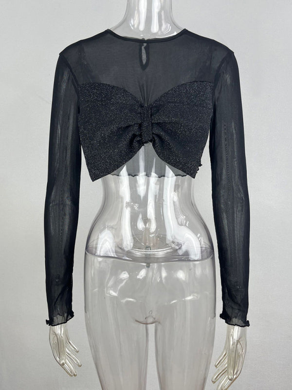 Crop Tops- Night Out See-Through Long Sleeve Festive Mesh Crop Top- - Pekosa Women Clothing