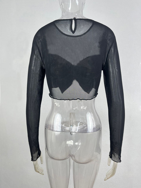 Crop Tops- Night Out See-Through Long Sleeve Festive Mesh Crop Top- - Pekosa Women Clothing