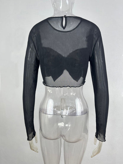 Crop Tops- Night Out See-Through Long Sleeve Festive Mesh Crop Top- - Pekosa Women Clothing