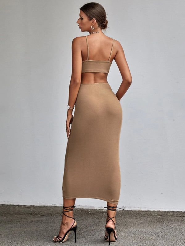 Cutout Dresses- Solid Bodycon Backless Cocktail Cami Cutout Dress- - Pekosa Women Clothing