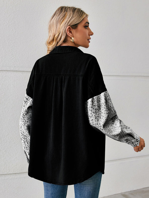 Denim Jackets- Be Unique Denim Leopard Print Patchwork Jacket | Shacket- - Pekosa Women Clothing