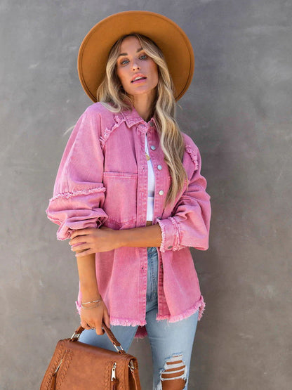 Denim Jackets- Frayed Patch Denim Shirt Jacket- - Pekosa Women Clothing