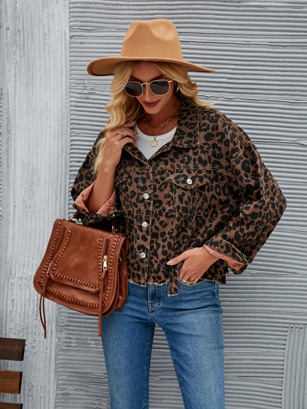 Denim Jackets- Leopard Denim Autumn Casual Crop Jacket- - Pekosa Women Clothing