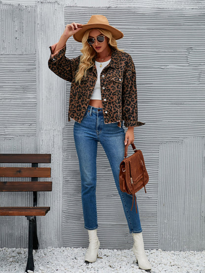 Denim Jackets- Leopard Denim Autumn Casual Crop Jacket- - Pekosa Women Clothing