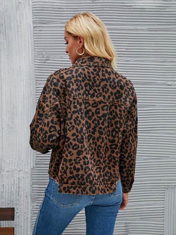Denim Jackets- Leopard Denim Autumn Casual Crop Jacket- - Pekosa Women Clothing
