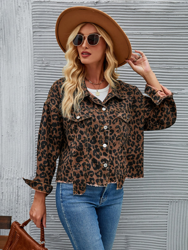 Denim Jackets- Leopard Denim Autumn Casual Crop Jacket- - Pekosa Women Clothing