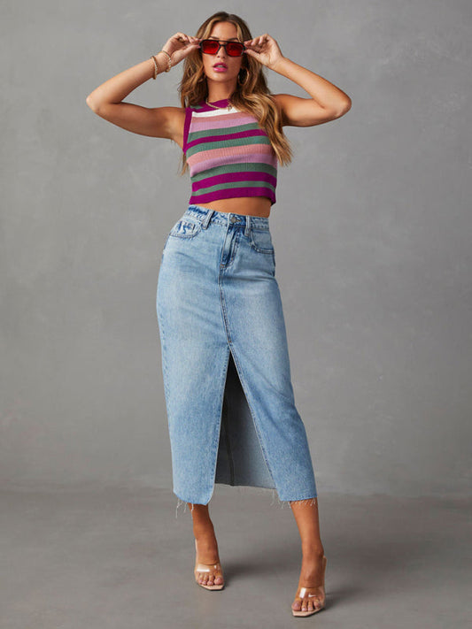 Denim Skirts- Distressed Washed Denim Slit Midi Skirt for Women- Clear blue- Pekosa Women Fashion