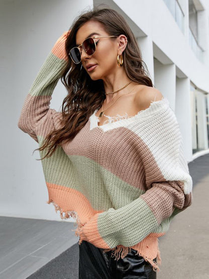Distressed Knit Sweater- Plaid Frayed Knit V-Neck Drop Sleeve Sweater- - Pekosa Women Clothing