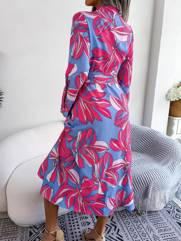 Dress- Abstract Print A-line Tie-Belt Long Shirt Dress with Long Sleeves- - Pekosa Women Clothing