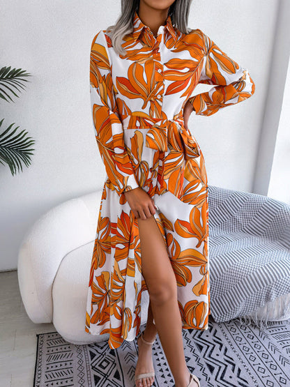 Dress- Abstract Print A-line Tie-Belt Long Shirt Dress with Long Sleeves- - Pekosa Women Clothing
