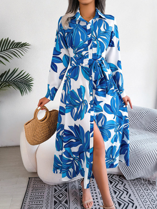 Dress- Abstract Print A-line Tie-Belt Long Shirt Dress with Long Sleeves- - Pekosa Women Clothing
