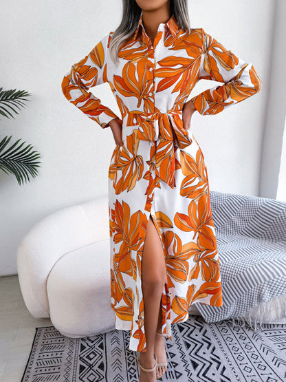 Dress- Abstract Print A-line Tie-Belt Long Shirt Dress with Long Sleeves- - Pekosa Women Clothing