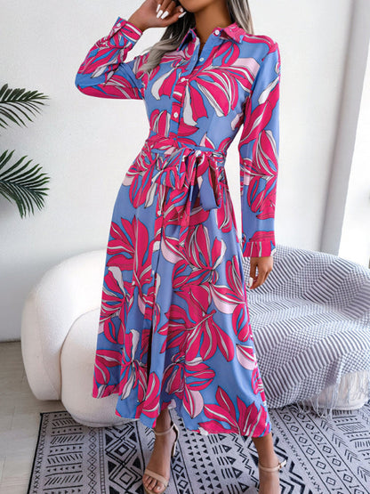 Dress- Abstract Print A-line Tie-Belt Long Shirt Dress with Long Sleeves- - Pekosa Women Clothing